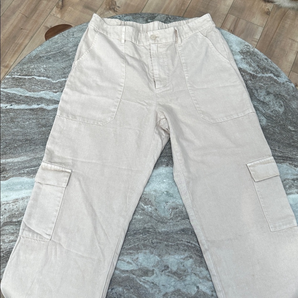 Young Fabulous Broke Beige Tencel Cotton Cargo Pants Elastic Waist Wide Leg Sz M